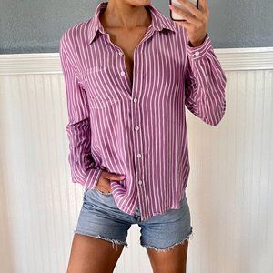 Striped Purple & White Long Sleeve Button Down Top Small